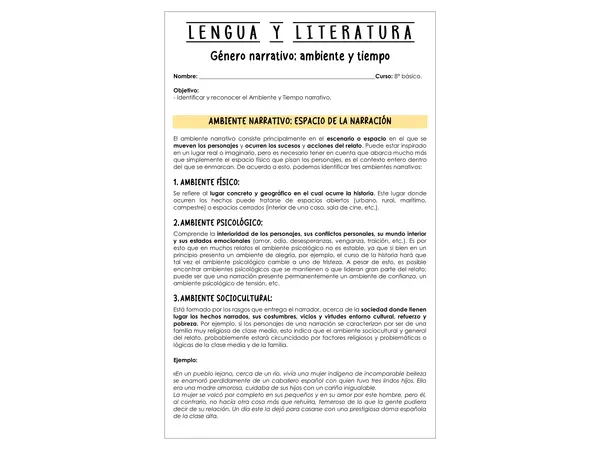 Guía de trabajo - Ambiente y tiempo narrativo - 8° básico (Lengua y literatura)