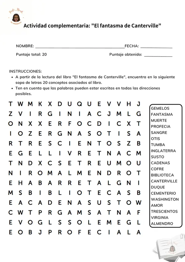 Sopa de letras “ EL FANTASMA DE CANTERVILLE”
