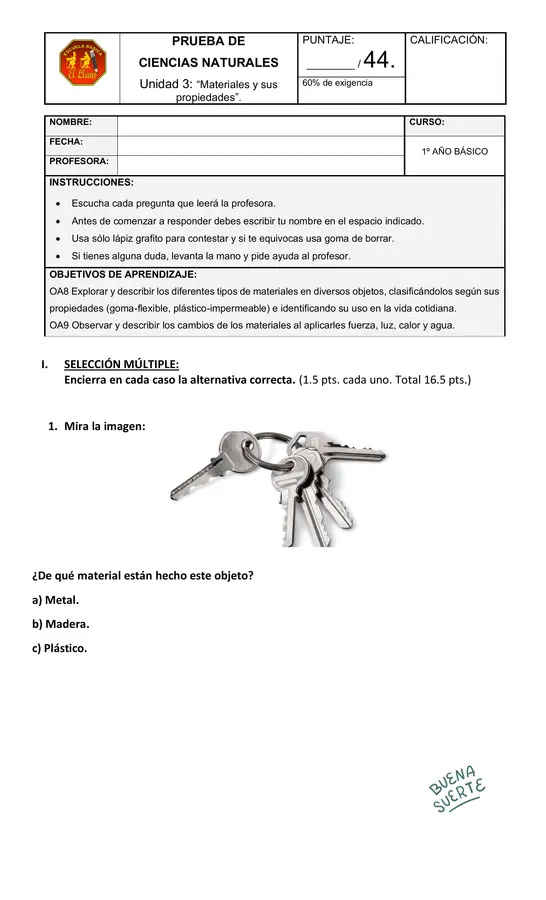 Prueba de Ciencias Naturales Unidad 3 Primero básico "Materiales"