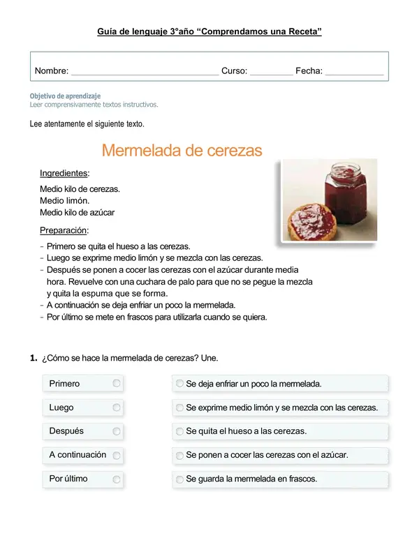 Guía 3°año "Comprendamos una receta"