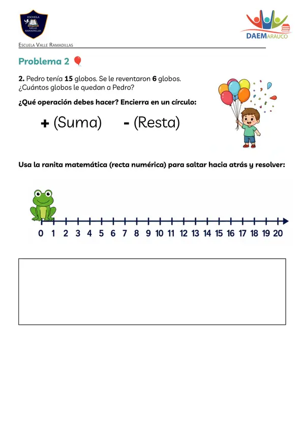Problemas matemáticos sumas y restas hasta 20 Ranita matemática 1°