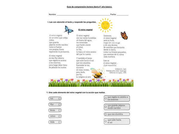 Guía de comprensión "Poema; El reino vegetal" 4° básico.