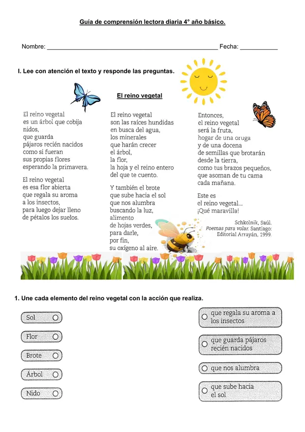 Guía de comprensión "Poema; El reino vegetal" 4° básico.