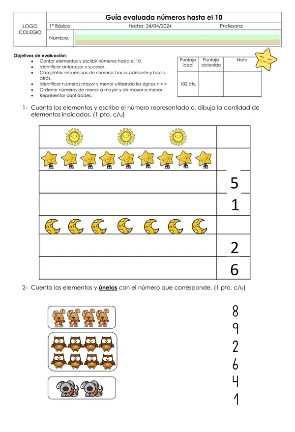 Guía evaluada números hasta el 10 EDITABLE