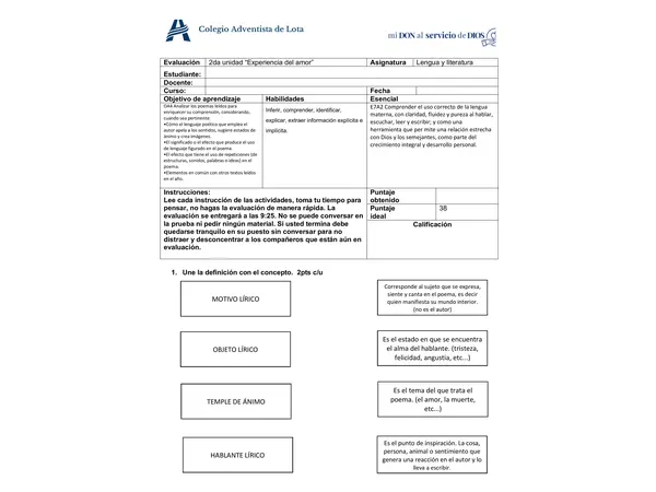 Unidad Experiencia del amor, evaluación adaptada