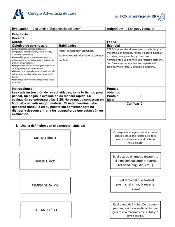 Unidad Experiencia del amor, evaluación adaptada
