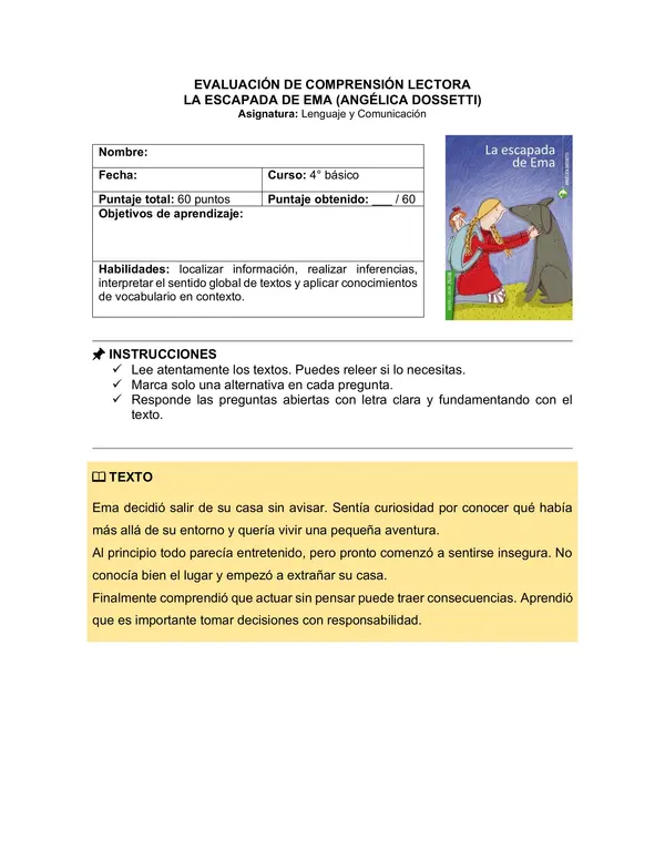 Prueba del libro "La escapada de Ema" (Angélica Dossetti)