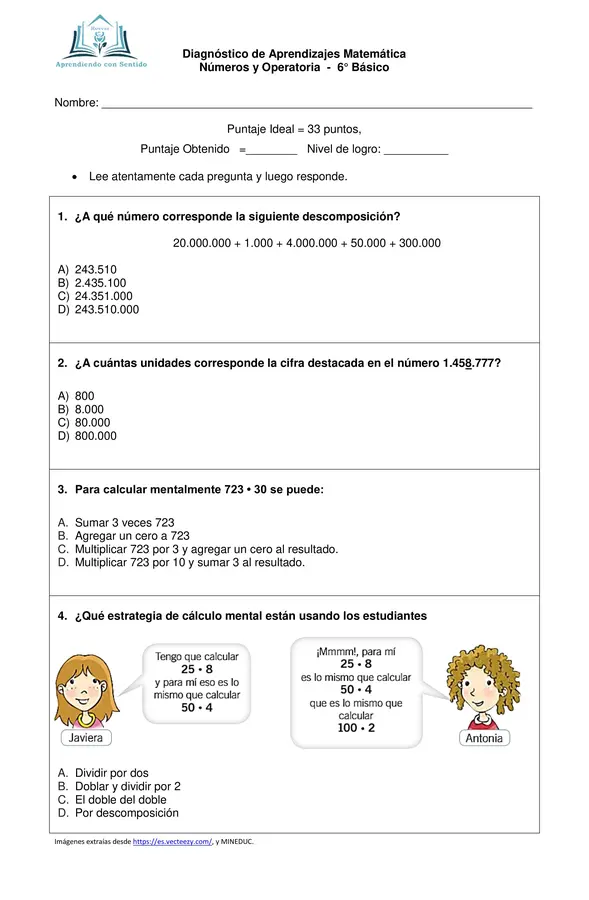 Diagnóstico Matemática 6° Básico, Número y Operatoria con pauta de respuesta.