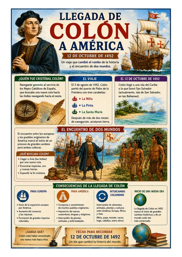 Llegada de Colón a América | Póster Educativo de Historia Universal | 12 de Octubre de 1492 