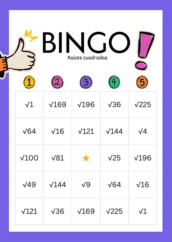 Bingo Raices Cuadradas