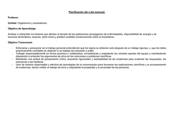 Planificación Clase a Clase Julio - Ciencias Naturales - Biología - 1° Medio