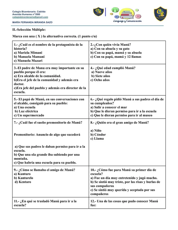 Evaluacion Planlector : La historia de Manu