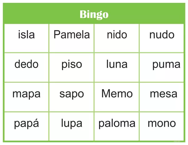 Bingo de palabras con m l, s, n, d, p.