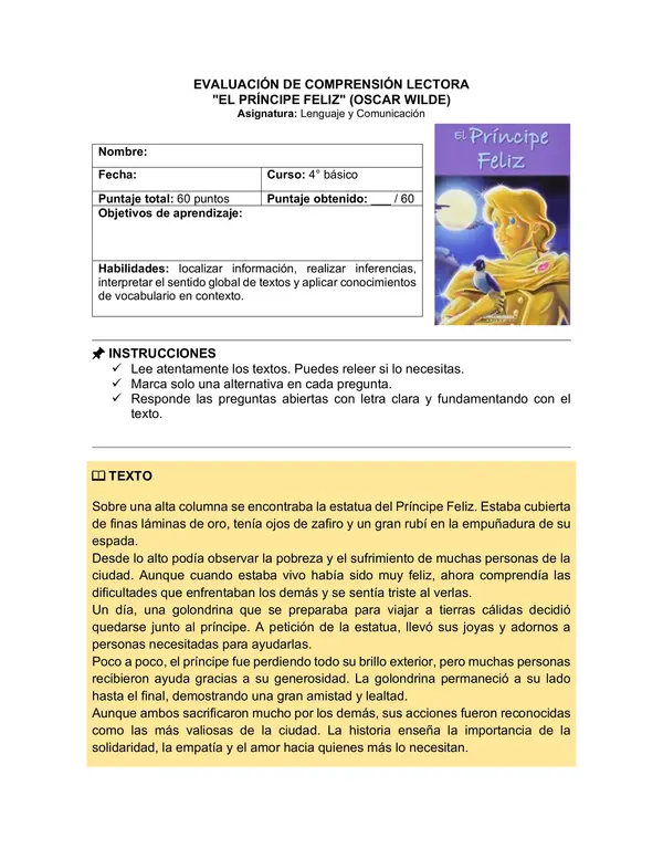 Prueba del libro "EL PRÍNCIPE FELIZ" (OSCAR WILDE)
