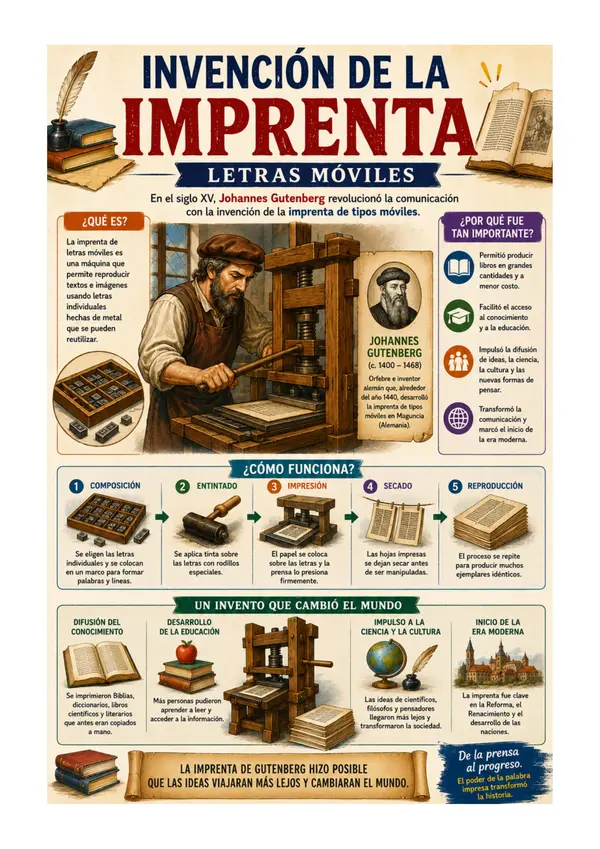 Invención de la Imprenta | Johannes Gutenberg y las Letras Móviles | Póster Educativo de Historia 