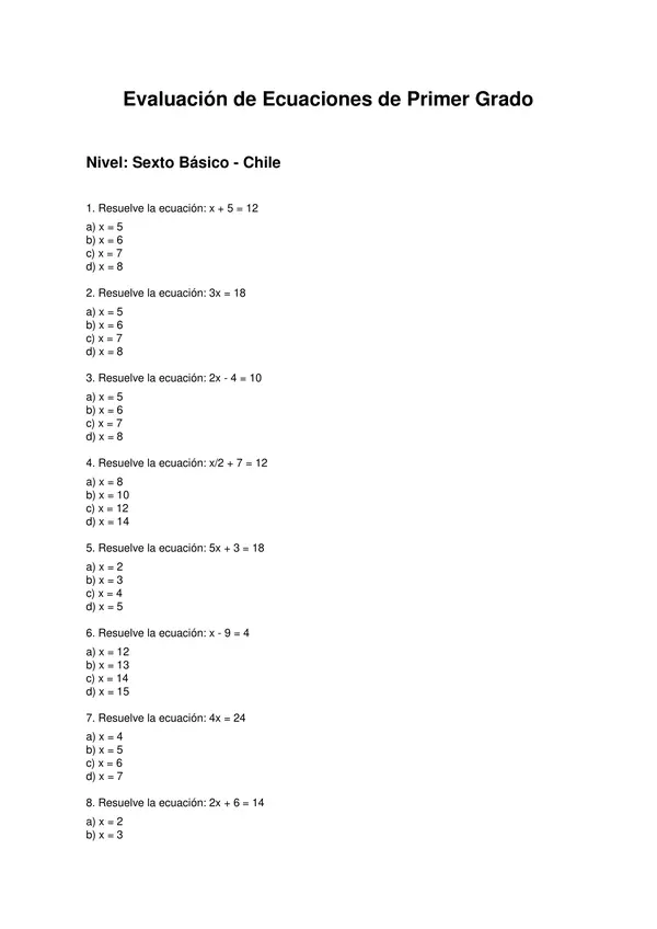 Evaluación ecuaciones de primer grado en Chile (Sexto básico)