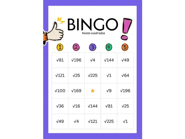 Bingo Raices Cuadradas