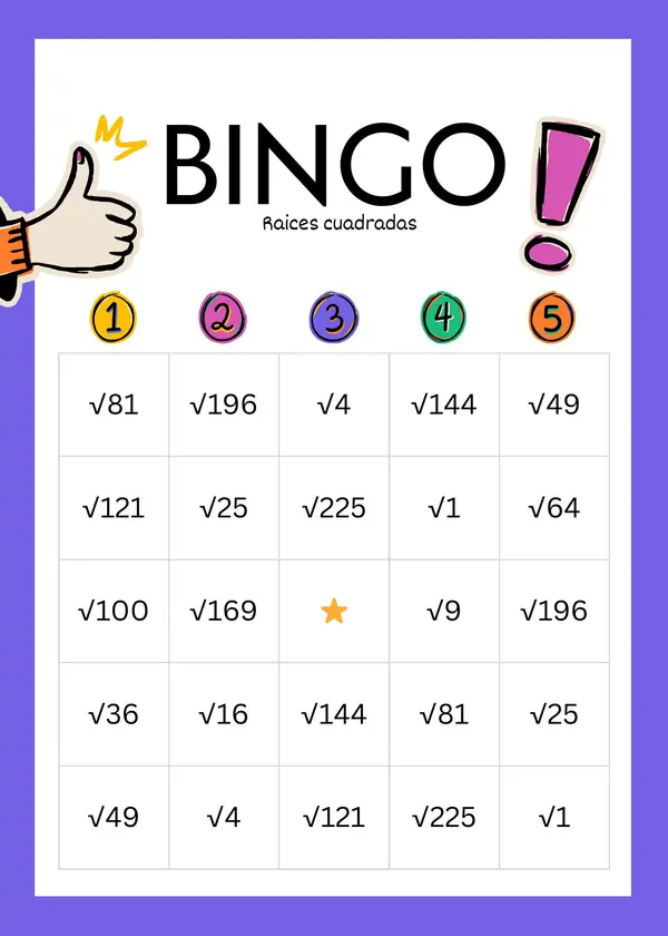 Bingo Raices Cuadradas