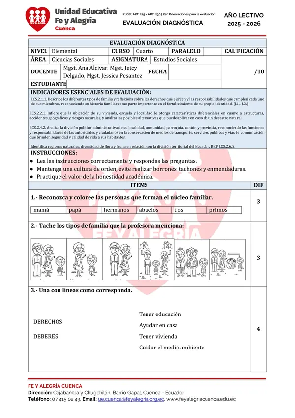 EVALUACIONES DIAGNOSTICAS DE CUARTO DE BASICA 