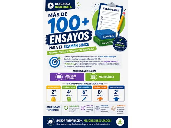 Más de100 ensayos SIMCE Lectura y Matemática 2°-4°-6°-8° básico  y 2°medio