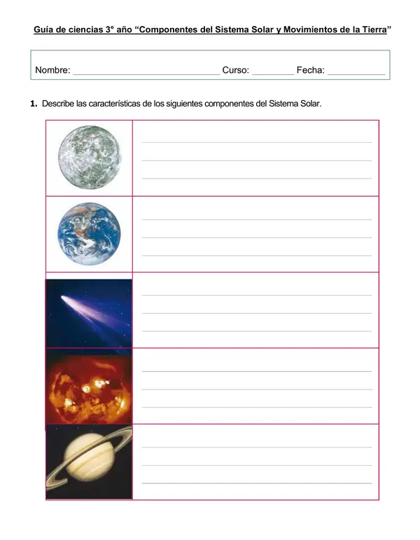 Guía 3°año "Componentes del Sistema Solar y Movimientos de la Tierra"