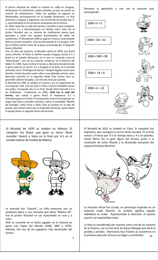 Libro para aprender y pintar sobre los Mundiales de Fútbol y sus mascotas"