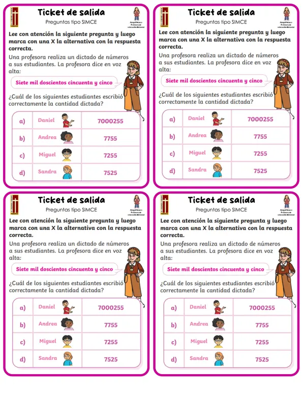 🎟️✨ Ticket de Salida Matemática 4° Básico – Estilo SIMCE ✨📚