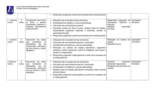 Planificación Unidad 1 Lenguaje 2° Básico