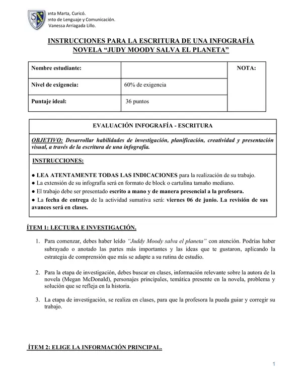 Diseño de una infografía literaria - Novela "Judy Moody salva el planeta".