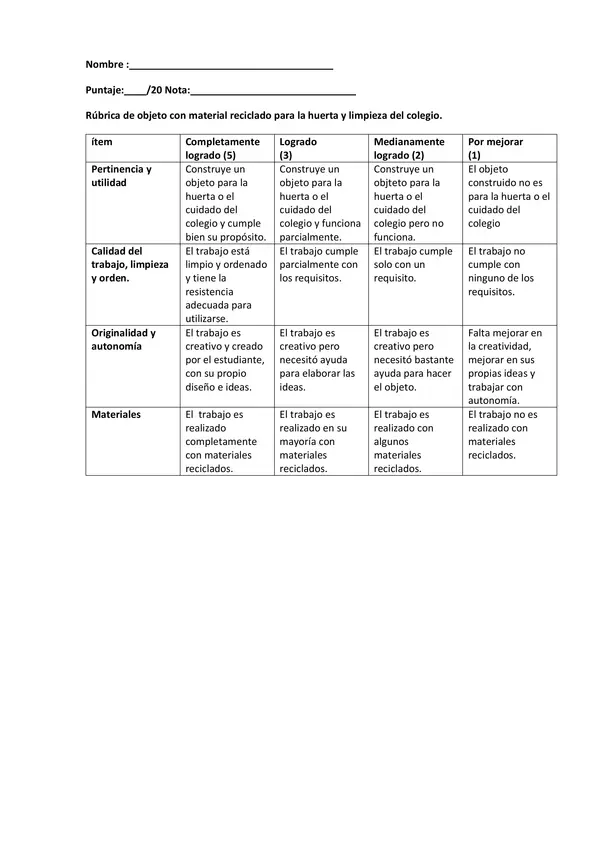 Rubrica ciencias material reciclado 3°