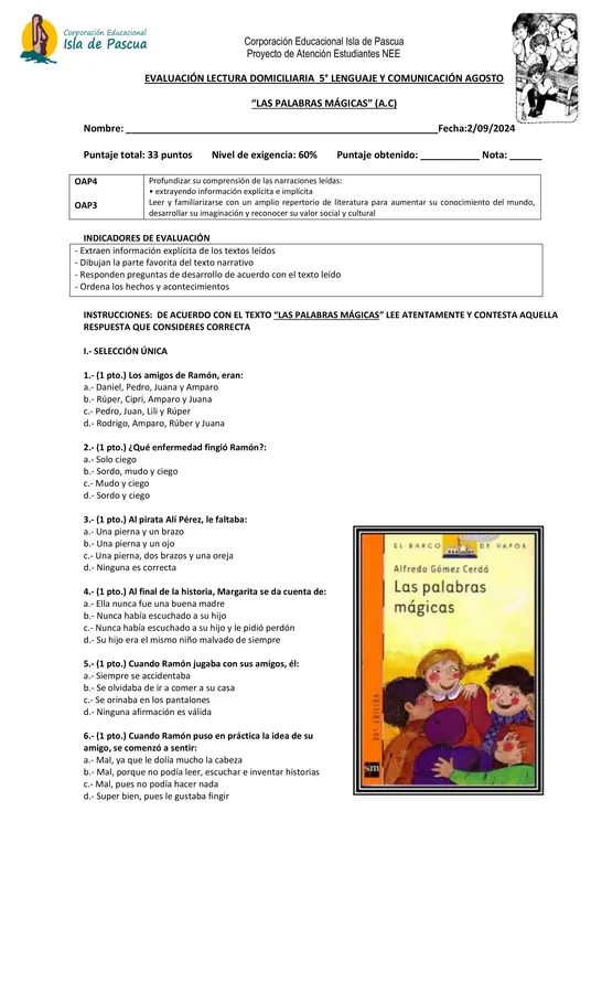 EVALUACIÓN LECTURA DOMICILIARIA  5° LENGUAJE Y COMUNICACIÓN AGOSTO “LAS PALABRAS MÁGICAS” (A.C)