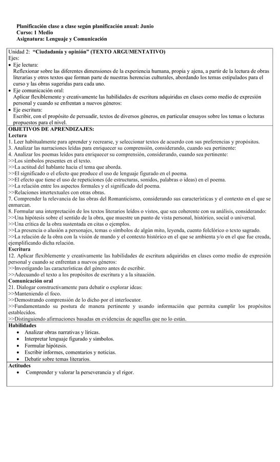 Planificación Mensual de Junio: Lenguaje para 1° Medio - Unidad 2