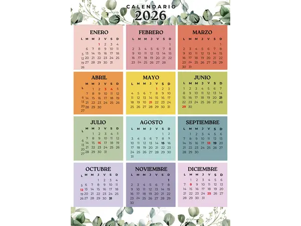 Calendario 2026 con feriados Chile