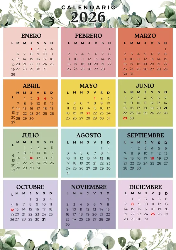 Calendario 2026 con feriados Chile
