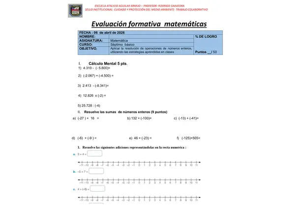 prueba de matematicas  numeros enteros