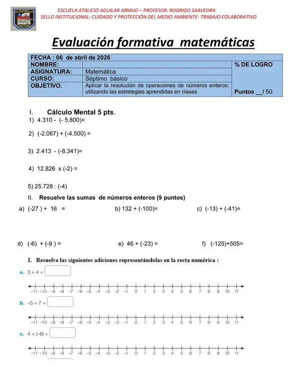 prueba de matematicas  numeros enteros