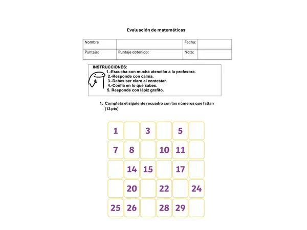 Prueba matemáticas primero basico