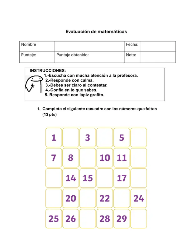 Prueba matemáticas primero basico