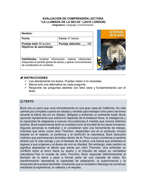 Prueba del libro "La llamada de la selva” (Jack London) 5° básico