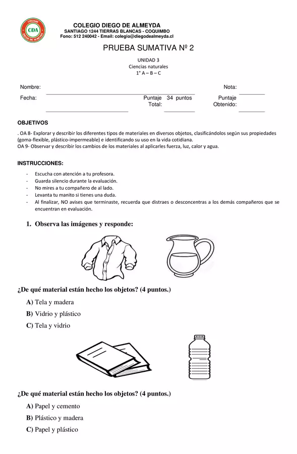 EVALUACIÓN EL MUNDO DE LOS MATERIALES (1° básico)