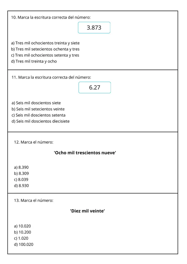 Prueba Números hasta 10.000 | Matemática