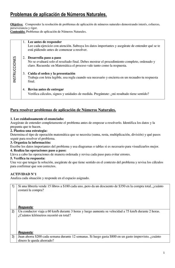 GUÍA DE PROBLEMAS DE APLICACIÓN DE NÚMEROS NATURALES Y PROPIEDADES DE ADICIÓN Y MULTIPLICACIÓN 