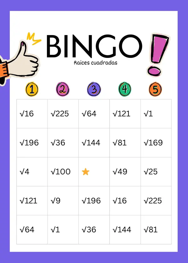 Bingo Raices Cuadradas