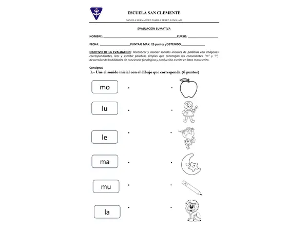 Evaluación Sumativa: Consonantes "M" y "L" – 1° Básico