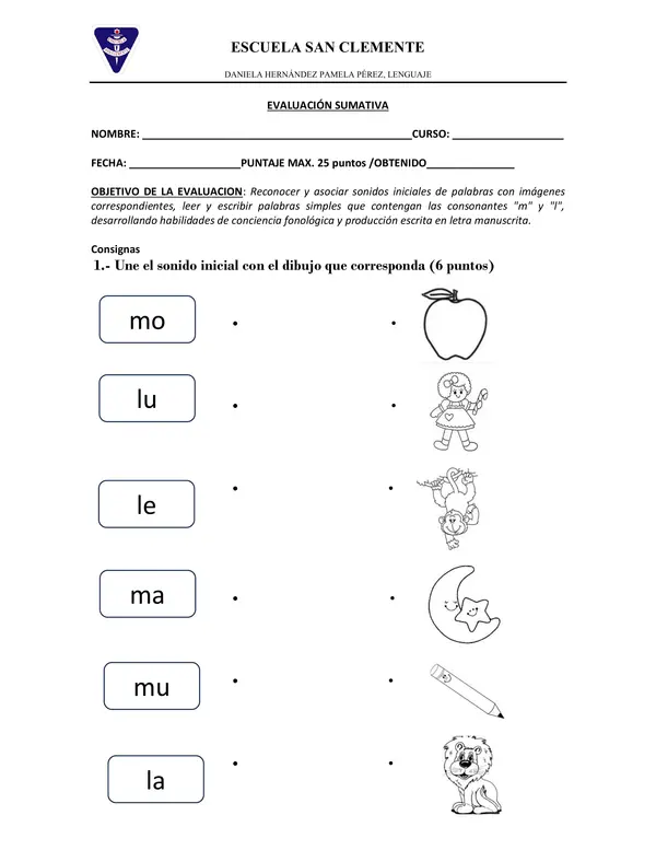 Evaluación Sumativa: Consonantes "M" y "L" – 1° Básico