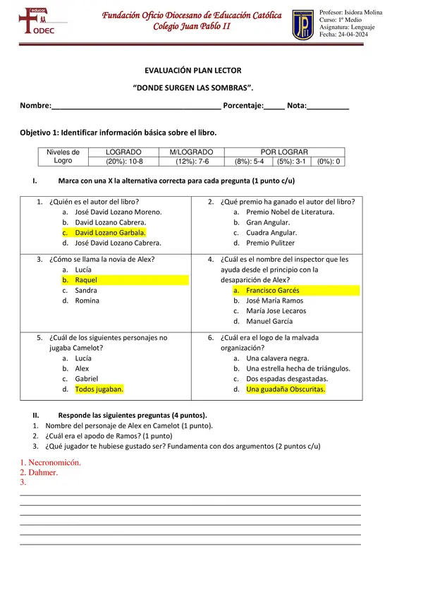 Evaluación Plan Lector "Donde surgen las sombras"