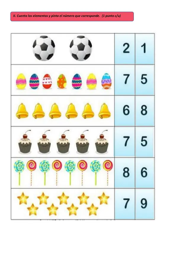Evaluación de matemática números y conteo de elementos.