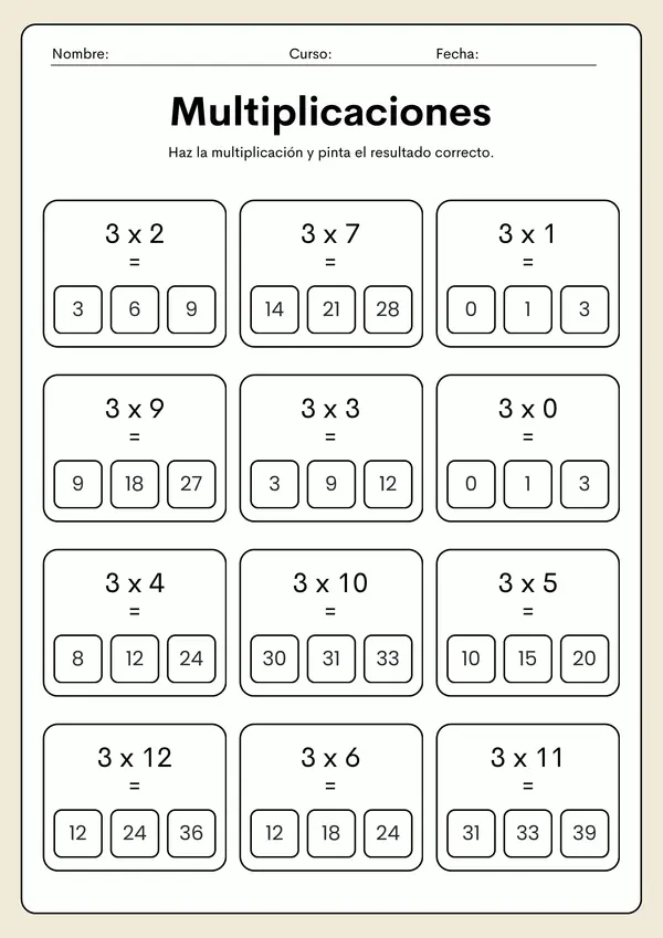 Ejercicios de tablas de multiplicar