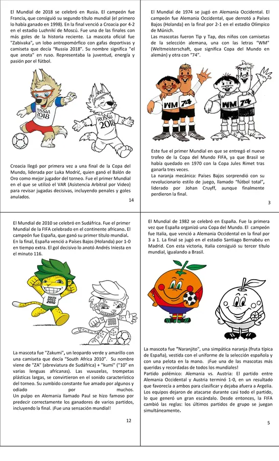 Libro para aprender y pintar sobre los Mundiales de Fútbol y sus mascotas"