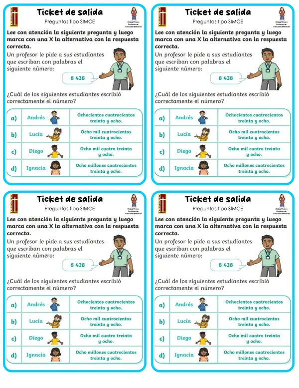 🎟️✨ Ticket de Salida Matemática 4° Básico – Estilo SIMCE ✨📚